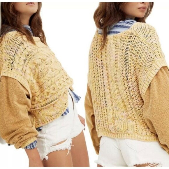 $168 NWT FREE PEOPLE Size S HONEY CABLE-KNIT MEDIA PULLOVER SWEATER HONEYCOMB - Picture 2 of 8